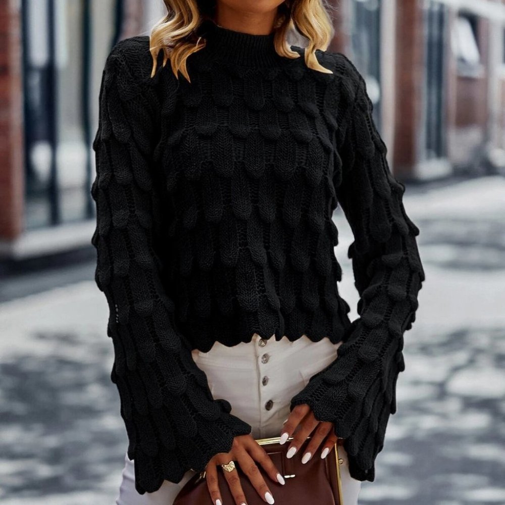 Preppy Womens Mock Neck Trumpet Sleeve Textured Knit Sweater grayish black - Picture 3 of 5
